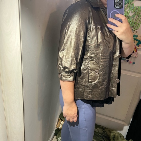 CHICOS WAXXED LINEN COPPER JACKET BLAZER SHORT SLEEVE TOO CUTE EUC SIZE 1 M - Picture 3 of 16